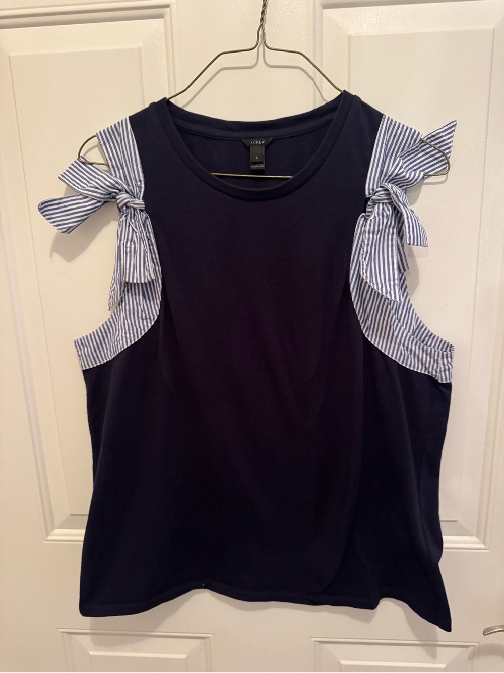 J. Crew Navy Tank Top with Blue and White Striped Bow Shoulders-Large